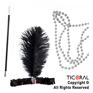 SET CHARLESTON VINCHA LENTEJUELA CON PLUMA BOQUILLA Y COLLAR x 1